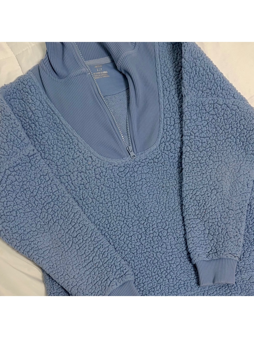 Aerie Sweater Womens Small Long Sleeves light Blue Sherpa Pullover 1/4 Zip fuzzy